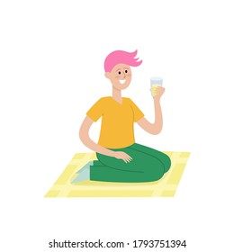Vector illustration of summer picnic outdoor weekend with woman with glass of juice sitting on blanket. Young trendy woman witn pink hair, relax outdoors in cartoon flat style