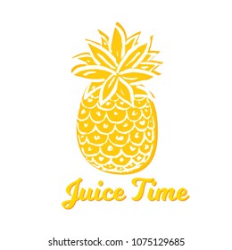 Vector Illustration. Summer pineapple. Tropical decorative fruit on white background. Hand draw paint ananas with Juice Time