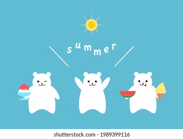 Vector illustration of summer. Polar bears, sun, watermelon, shaved ice, ice cream.