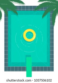 vector illustration of summer pool with palms and swim ring. flat style poster
