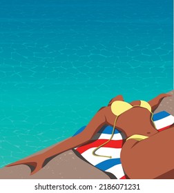 Vector illustration in the summer in the pool a tanned girl without a face on the beach in a yellow swimsuit in a beautiful pose is resting on vacation