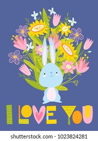 Vector illustration for summer poster with flowers, cute rabbit and I love you lettering