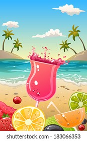 A vector illustration of summer poster with fresh fruit and drinks design