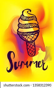 Vector Illustration of Summer Poster with Ice Cream Icon on Abstract Digital Painting Background. Graphic Design for Web, Business, Holiday, Template, Layout and More.