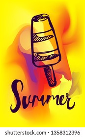Vector Illustration of Summer Poster with Ice Cream Icon on Abstract Digital Painting Background. Graphic Design for Web, Business, Holiday, Template, Layout and More.