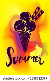 Vector Illustration of Summer Poster with Ice Cream Icon on Abstract Digital Painting Background. Graphic Design for Web, Business, Holiday, Template, Layout and More.