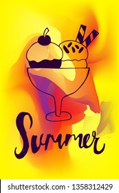 Vector Illustration of Summer Poster with Ice Cream Icon on Abstract Digital Painting Background. Graphic Design for Web, Business, Holiday, Template, Layout and More.
