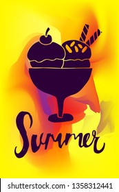 Vector Illustration of Summer Poster with Ice Cream Icon on Abstract Digital Painting Background. Graphic Design for Web, Business, Holiday, Template, Layout and More.