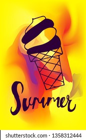 Vector Illustration of Summer Poster with Ice Cream Icon on Abstract Digital Painting Background. Graphic Design for Web, Business, Holiday, Template, Layout and More.