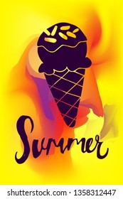 Vector Illustration of Summer Poster with Ice Cream Icon on Abstract Digital Painting Background. Graphic Design for Web, Business, Holiday, Template, Layout and More.