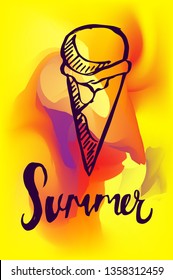 Vector Illustration of Summer Poster with Ice Cream Icon on Abstract Digital Painting Background. Graphic Design for Web, Business, Holiday, Template, Layout and More.