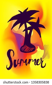 Vector Illustration of Summer Poster with Palm Tree Icon on Abstract Digital Painting Background. Graphic Design for Web, Business, Holiday, Template, Layout and More.
