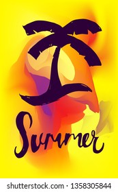 Vector Illustration of Summer Poster with Palm Tree Icon on Abstract Digital Painting Background. Graphic Design for Web, Business, Holiday, Template, Layout and More.