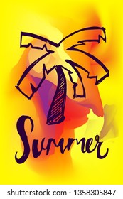 Vector Illustration of Summer Poster with Palm Tree Icon on Abstract Digital Painting Background. Graphic Design for Web, Business, Holiday, Template, Layout and More.
