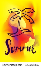 Vector Illustration of Summer Poster with Palm Tree Icon on Abstract Digital Painting Background. Graphic Design for Web, Business, Holiday, Template, Layout and More.