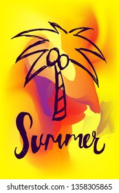 Vector Illustration of Summer Poster with Palm Tree Icon on Abstract Digital Painting Background. Graphic Design for Web, Business, Holiday, Template, Layout and More.