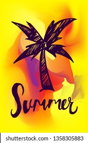 Vector Illustration of Summer Poster with Palm Tree Icon on Abstract Digital Painting Background. Graphic Design for Web, Business, Holiday, Template, Layout and More.