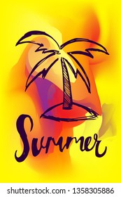 Vector Illustration of Summer Poster with Palm Tree Icon on Abstract Digital Painting Background. Graphic Design for Web, Business, Holiday, Template, Layout and More.