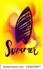 Vector Illustration of Summer Poster with Surf Board Icon on Abstract Digital Painting Background. Graphic Design for Web, Business, Holiday, Template, Layout and More.