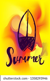 Vector Illustration of Summer Poster with Surf Board Icon on Abstract Digital Painting Background. Graphic Design for Web, Business, Holiday, Template, Layout and More.