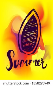 Vector Illustration of Summer Poster with Surf Board Icon on Abstract Digital Painting Background. Graphic Design for Web, Business, Holiday, Template, Layout and More.