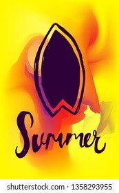 Vector Illustration of Summer Poster with Surf Board Icon on Abstract Digital Painting Background. Graphic Design for Web, Business, Holiday, Template, Layout and More.
