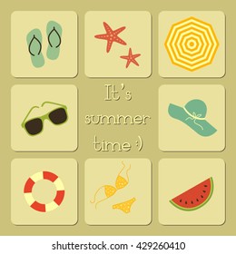 vector illustration summer poster with summer symbols and note saying it's summertime