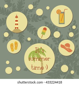 vector illustration summer poster with summer symbols and note saying it's summertime