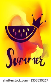 Vector Illustration of Summer Poster with Watermelon Icon on Abstract Digital Painting Background. Graphic Design for Web, Business, Holiday, Template, Layout and More.