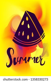 Vector Illustration of Summer Poster with Watermelon Icon on Abstract Digital Painting Background. Graphic Design for Web, Business, Holiday, Template, Layout and More.