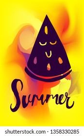 Vector Illustration of Summer Poster with Watermelon Icon on Abstract Digital Painting Background. Graphic Design for Web, Business, Holiday, Template, Layout and More.