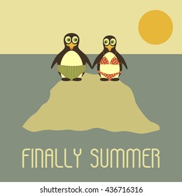 vector illustration summer posters with two penguins on the island and note saying finally summer