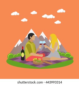 Vector illustration of summer recreation concept design elements. Cartoon labels. Family picnic and camping in a park flat icons.