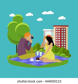 Vector illustration of summer recreation concept design elements. Cartoon labels. Family picnic and camping in a park flat icons.
