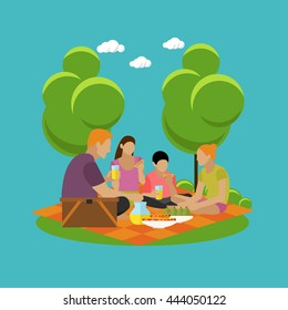 Vector illustration of summer recreation concept design elements. Cartoon labels. Family picnic and camping in a park flat icons.