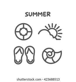 Vector illustration of summer, summer, recruitment, illustration on light background, text, logo, advertising, tourist, travel, sun, clouds, life ring, summer, shoes
