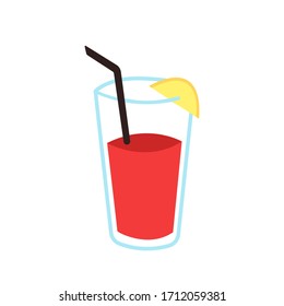 Vector Illustration of summer red cocktail with lemon in a glass. Isolated on white background. Beach elements. For design, web, graphic. 