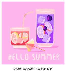 Vector illustration of a summer refreshing coctails with ice cubes and lemon. Summer theme card or print or invitation to a cocktail party.