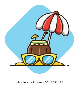 Vector illustration of summer relaxation with coconut and stay under umbrella. Glasses yellow on front, coconut under umbrella. Flat cartoon style suitable for web landing page, banner, flyer,