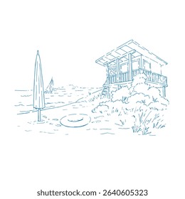 Ilustração vetorial com casa de resort de verão perto do mar. À beira-mar, dia ensolarado na paisagem de praia, céu e mar, descanso na praia. resort tropical