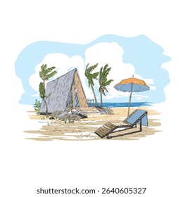 Ilustração vetorial com casa de resort de verão perto do mar. À beira-mar, dia ensolarado na paisagem de praia, céu e mar, descanso na praia. resort tropical