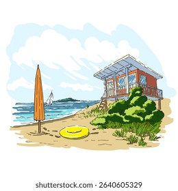Ilustração vetorial com casa de resort de verão perto do mar. À beira-mar, dia ensolarado na paisagem de praia, céu e mar, descanso na praia. resort tropical