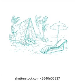 Ilustração vetorial com casa de resort de verão perto do mar. À beira-mar, dia ensolarado na paisagem de praia, céu e mar, descanso na praia. resort tropical