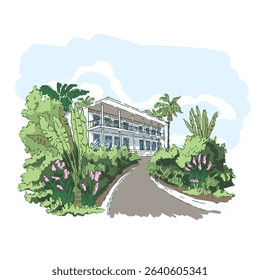Ilustração vetorial com casa de resort de verão perto do mar. À beira-mar, dia ensolarado na paisagem de praia, céu e mar, descanso na praia. resort tropical