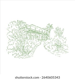 Ilustração vetorial com casa de resort de verão perto do mar. À beira-mar, dia ensolarado na paisagem de praia, céu e mar, descanso na praia. resort tropical