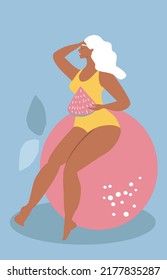 ilustración vectorial - tarjeta retro de verano. una bella chica con una tajada de sandía sentada en una gran naranja