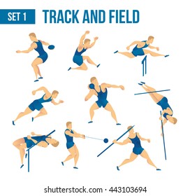 Vector Illustration Summer Rio Olympic Games 2016,flat Style Of Character Track And Field Sport Sport. Running, Long Jump Hurdles, Pole Vault, Javelin Disc Nucleus. Set 1 