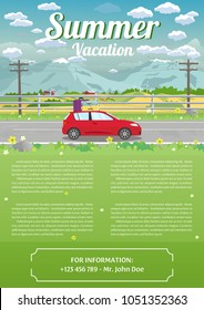 Vektorgrafik der Landschaft der Sommerstraßen mit Auto und Bergen
