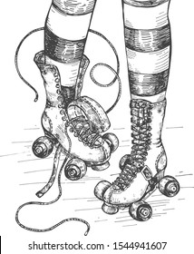 Vector illustration of summer rollerblading. Teenager girl legs in striped stockings and retro roller skates. Vintage hand drawn style.