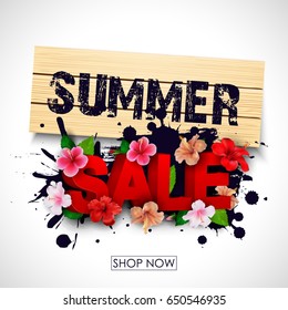 Vector illustration of Summer sale background with tropical flowers
